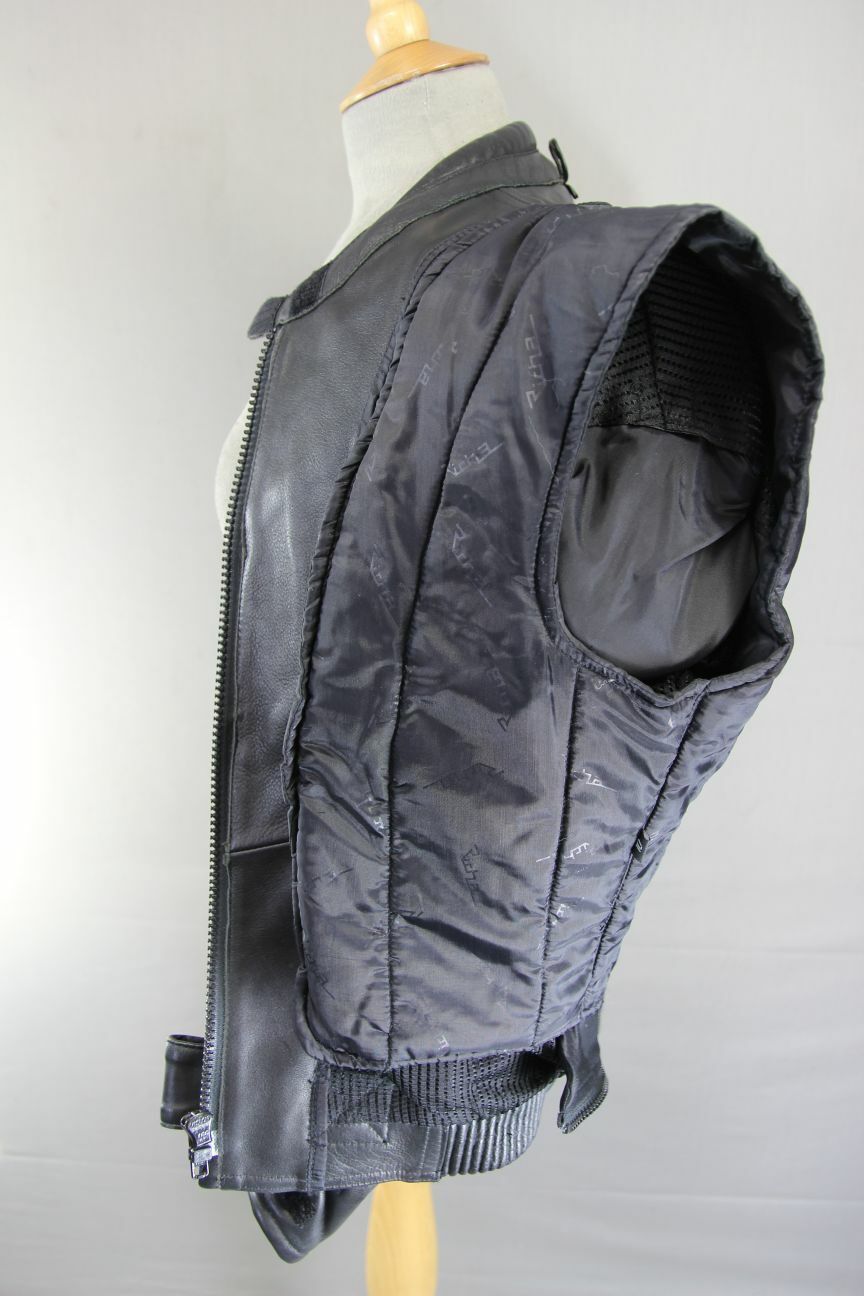 RICHA BLACK, BLUE & SILVER LEATHER BIKER JACKET+CE ARMOUR/THERMAL LINING:SIZE 10