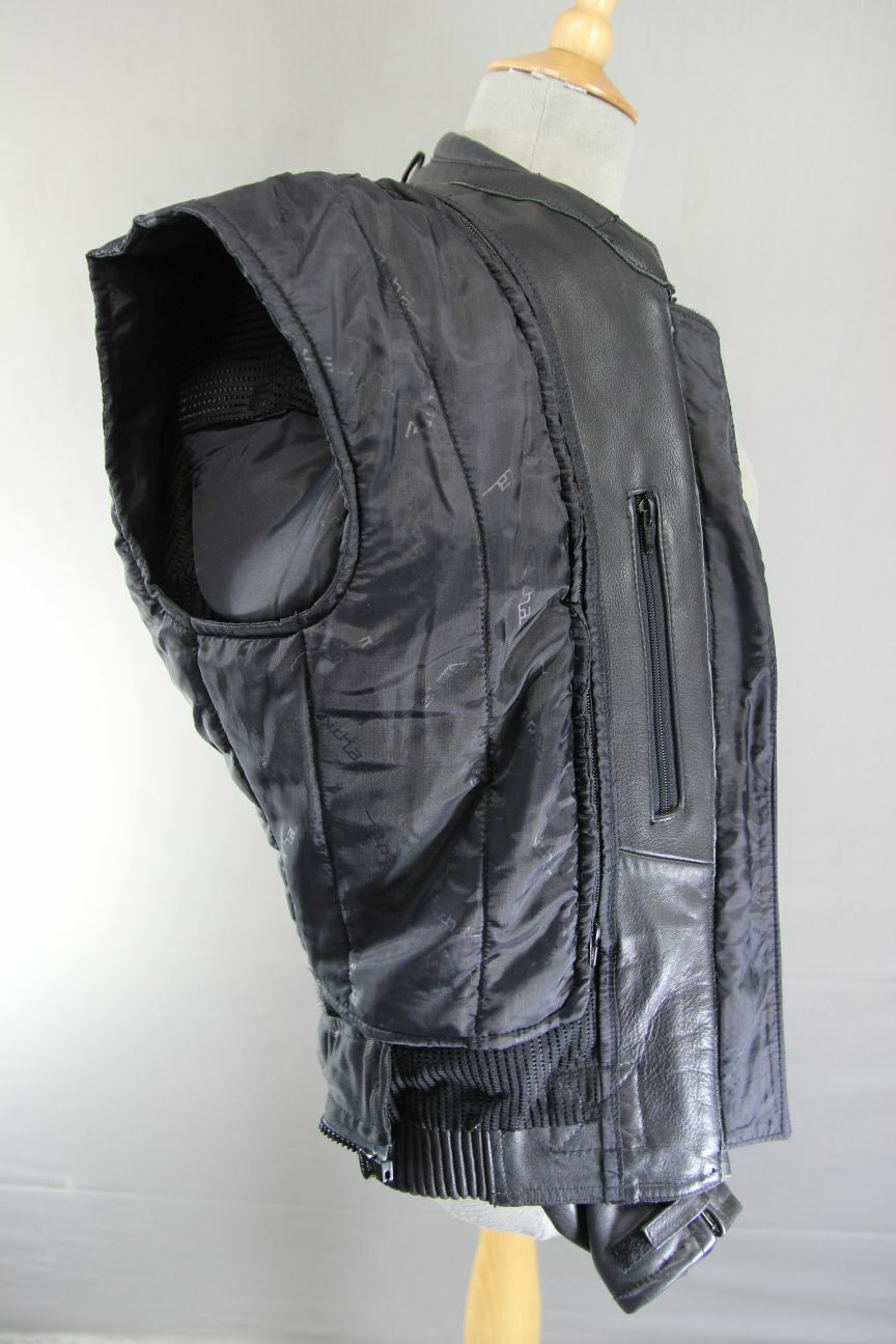 RICHA BLACK, BLUE & SILVER LEATHER BIKER JACKET+CE ARMOUR/THERMAL LINING:SIZE 10