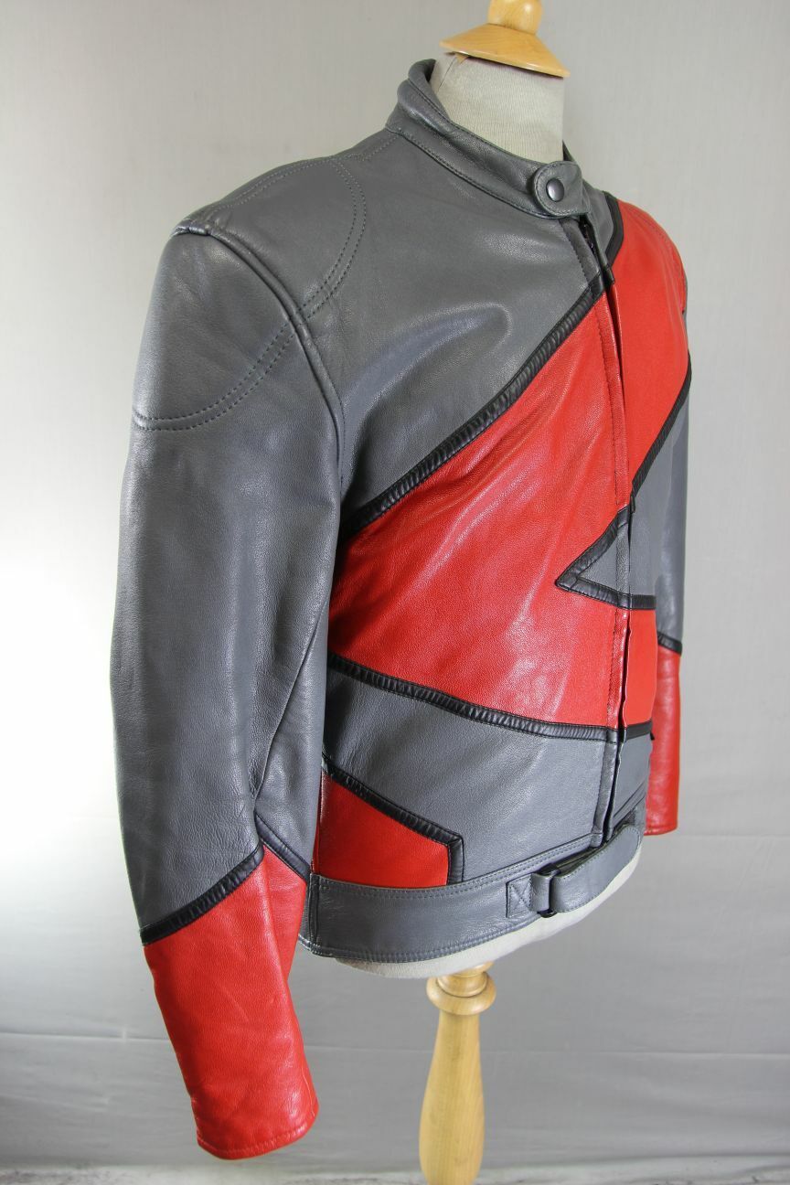 CLASSIC GREY, RED & BLACK LEATHER BIKER JACKET 40 INCH