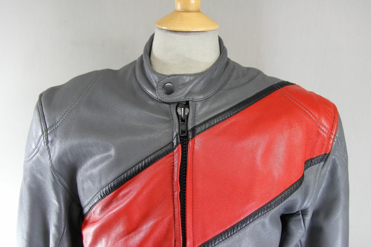 CLASSIC GREY, RED & BLACK LEATHER BIKER JACKET 40 INCH