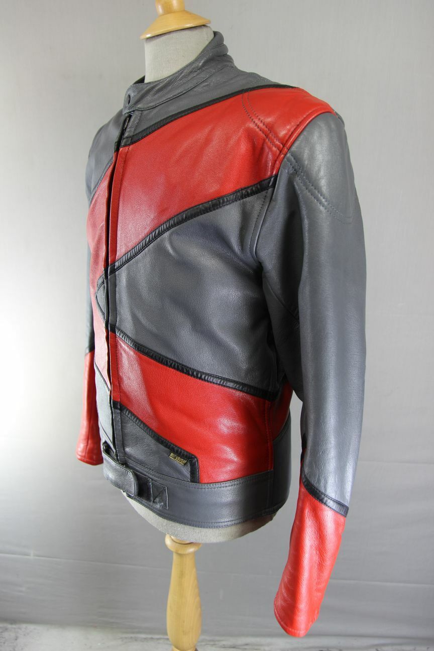 CLASSIC GREY, RED & BLACK LEATHER BIKER JACKET 40 INCH