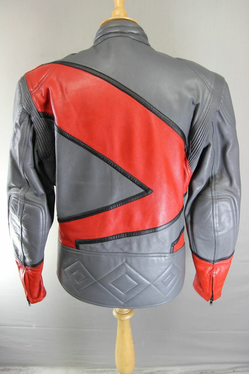 CLASSIC GREY, RED & BLACK LEATHER BIKER JACKET 40 INCH