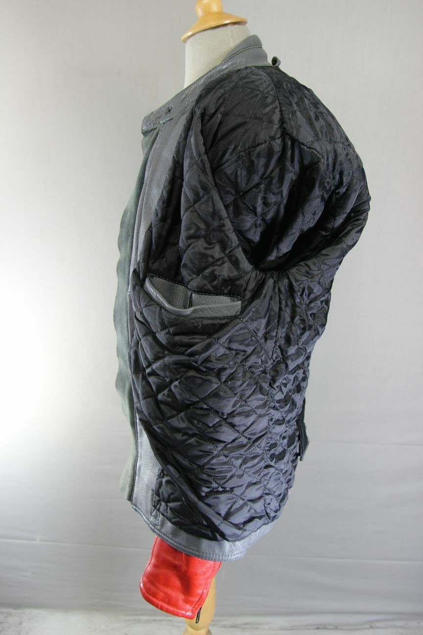 CLASSIC GREY, RED & BLACK LEATHER BIKER JACKET 40 INCH
