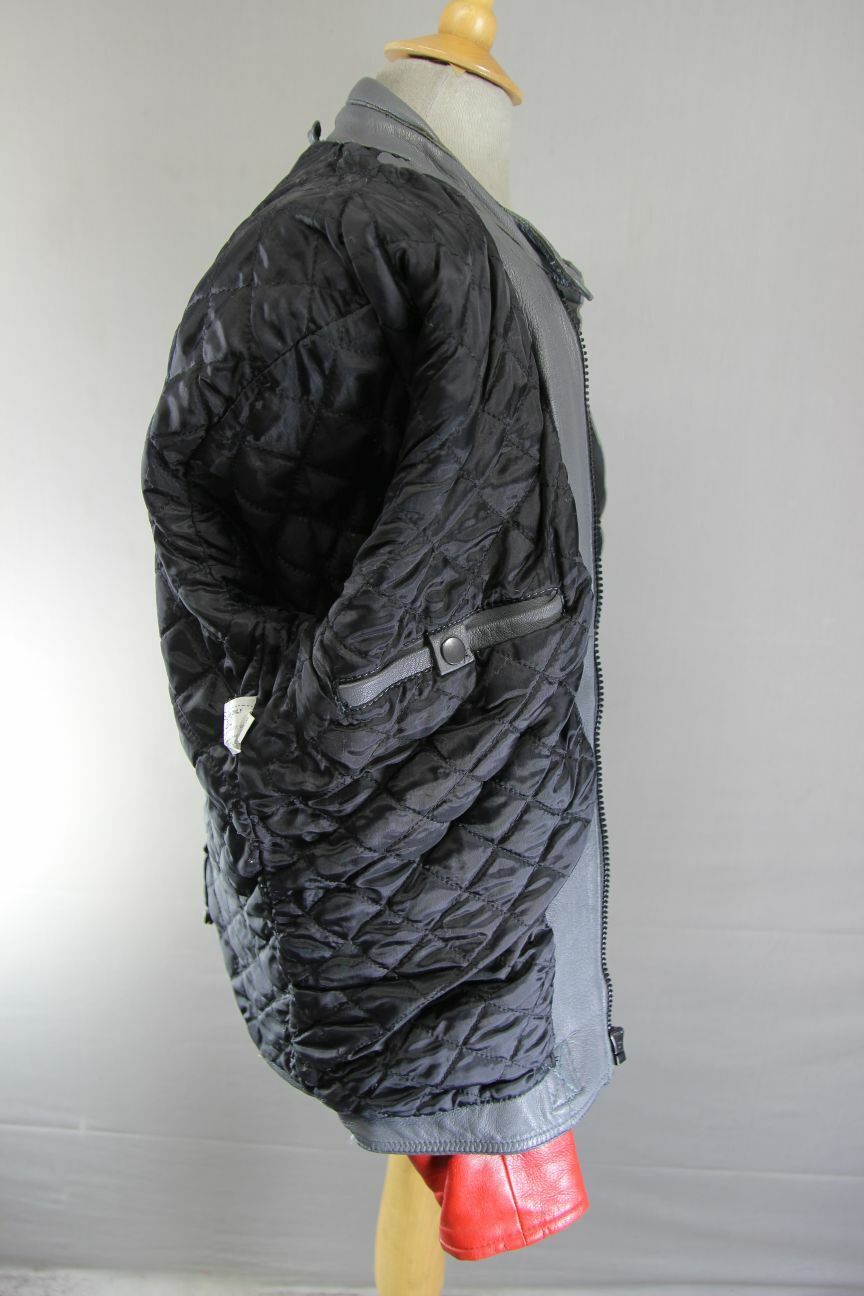 CLASSIC GREY, RED & BLACK LEATHER BIKER JACKET 40 INCH