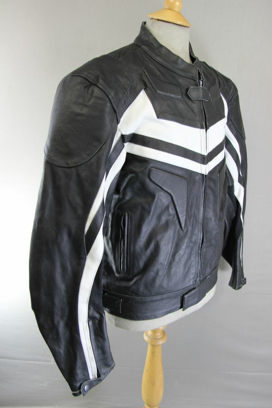 BLACK & WHITE LEATHER BIKER JACKET 38 INCH