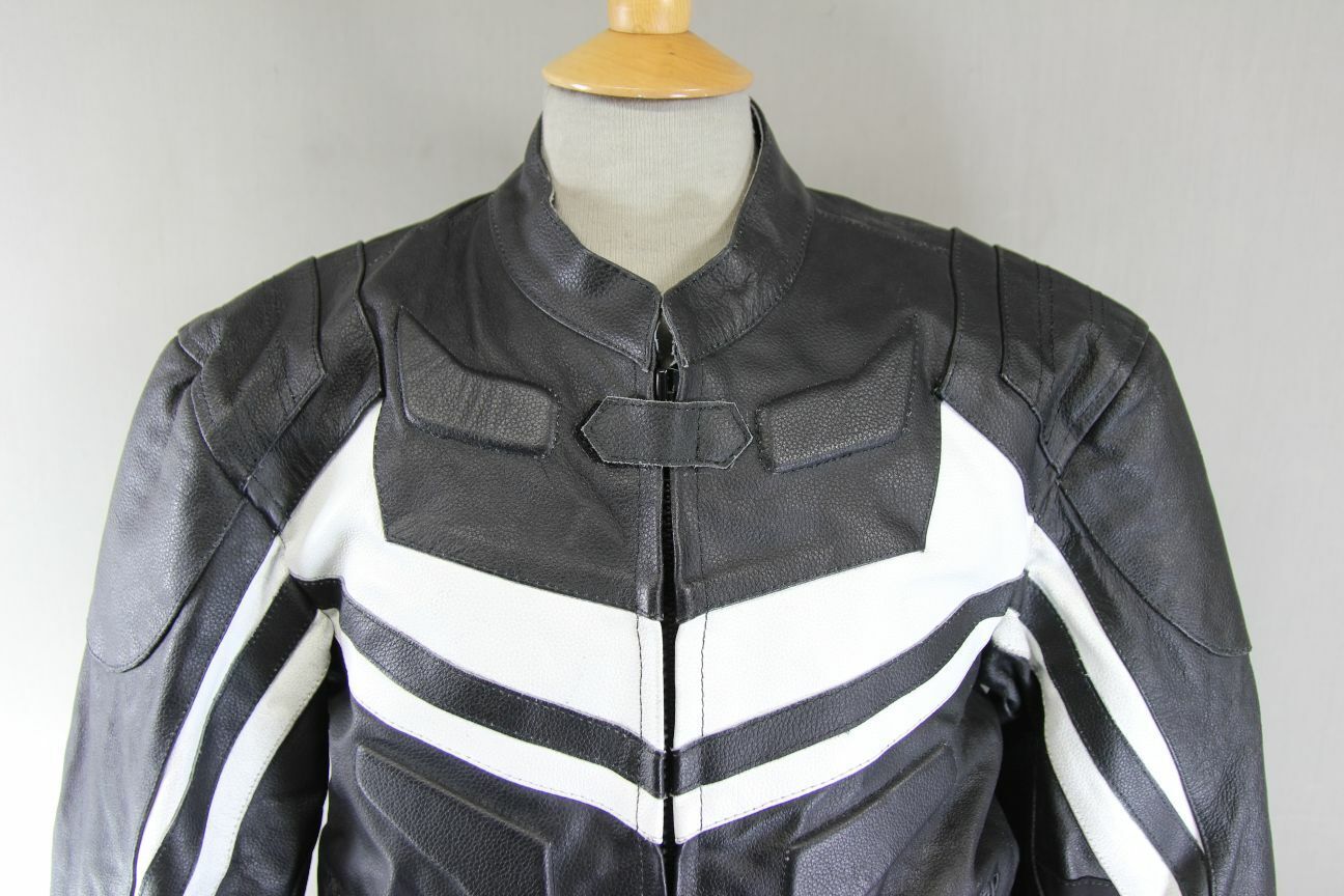BLACK & WHITE LEATHER BIKER JACKET 38 INCH