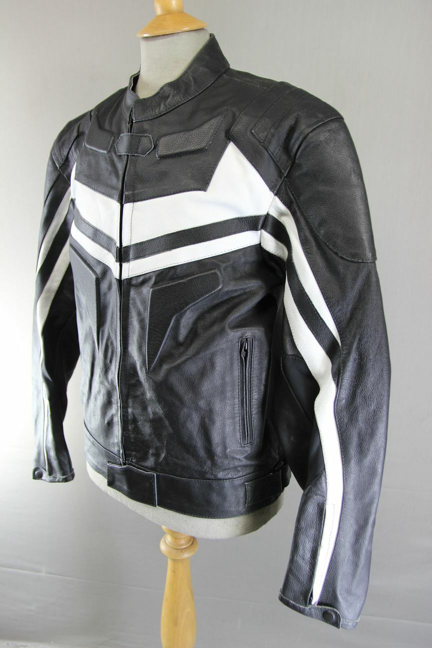 BLACK & WHITE LEATHER BIKER JACKET 38 INCH