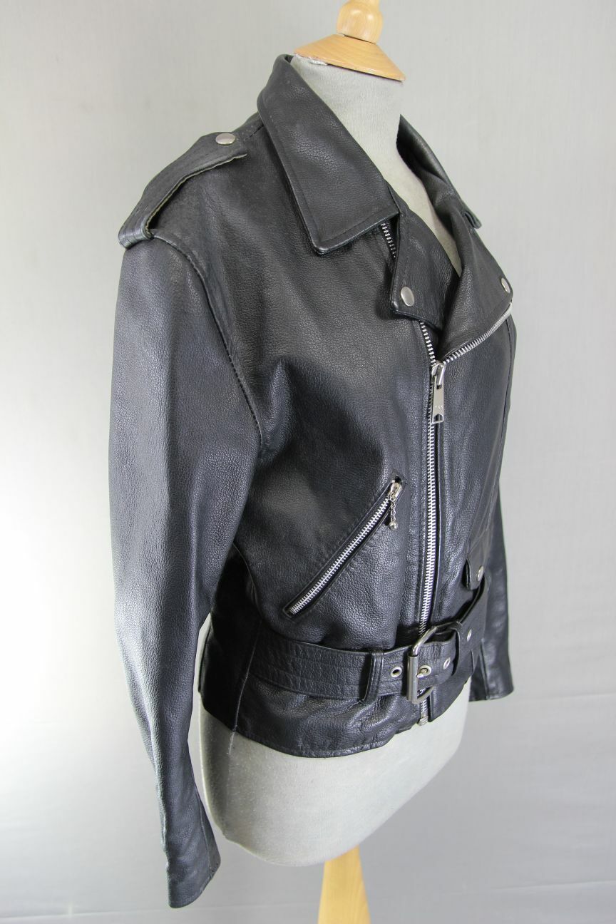 VINTAGE 70s/80s PUNK ROCK BRITISH MADE GENEL LONDON BLACK LEATHER BIKER JCKT 34"