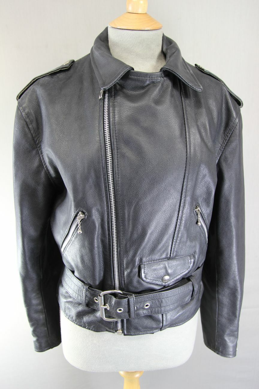 VINTAGE 70s/80s PUNK ROCK BRITISH MADE GENEL LONDON BLACK LEATHER BIKER JCKT 34"