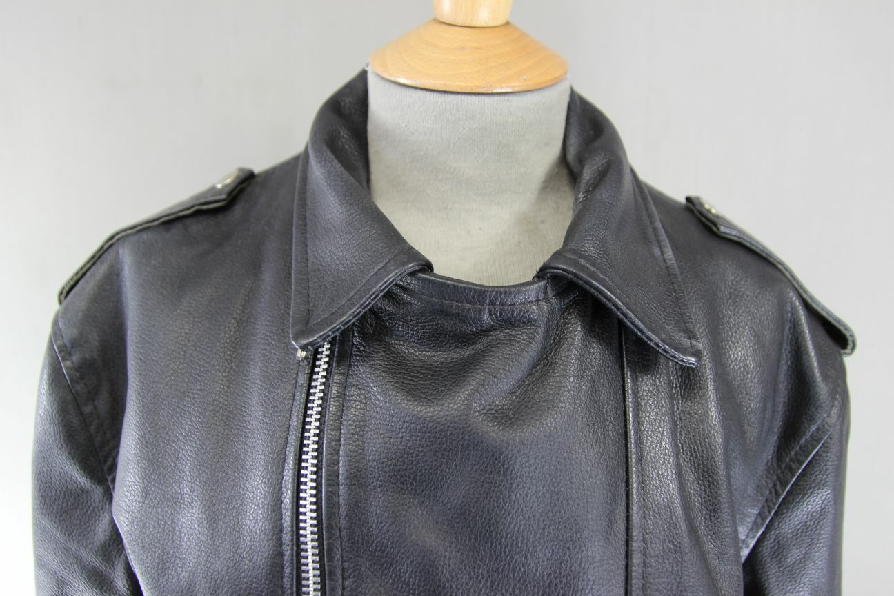 VINTAGE 70s/80s PUNK ROCK BRITISH MADE GENEL LONDON BLACK LEATHER BIKER JCKT 34"
