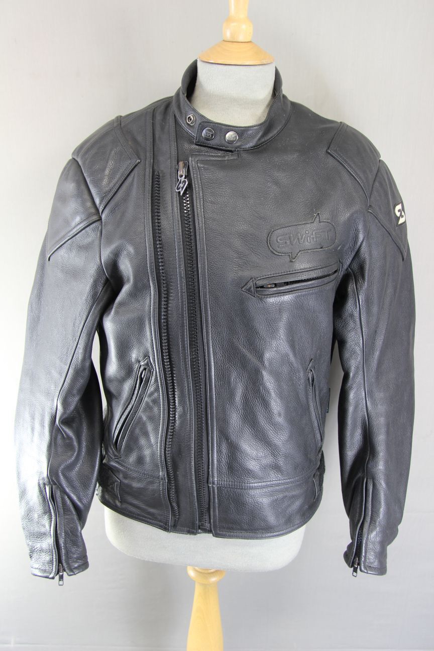 SWIFT INNOVATION BLACK LEATHER BIKER JACKET + BACK PROTECTOR/THERMAL LINING 38"