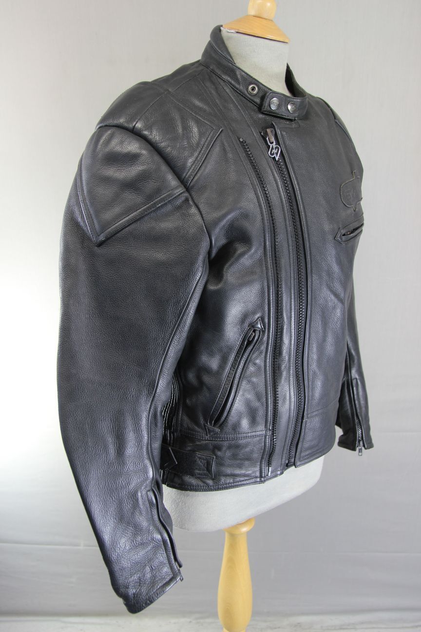 SWIFT INNOVATION BLACK LEATHER BIKER JACKET + BACK PROTECTOR/THERMAL LINING 38"