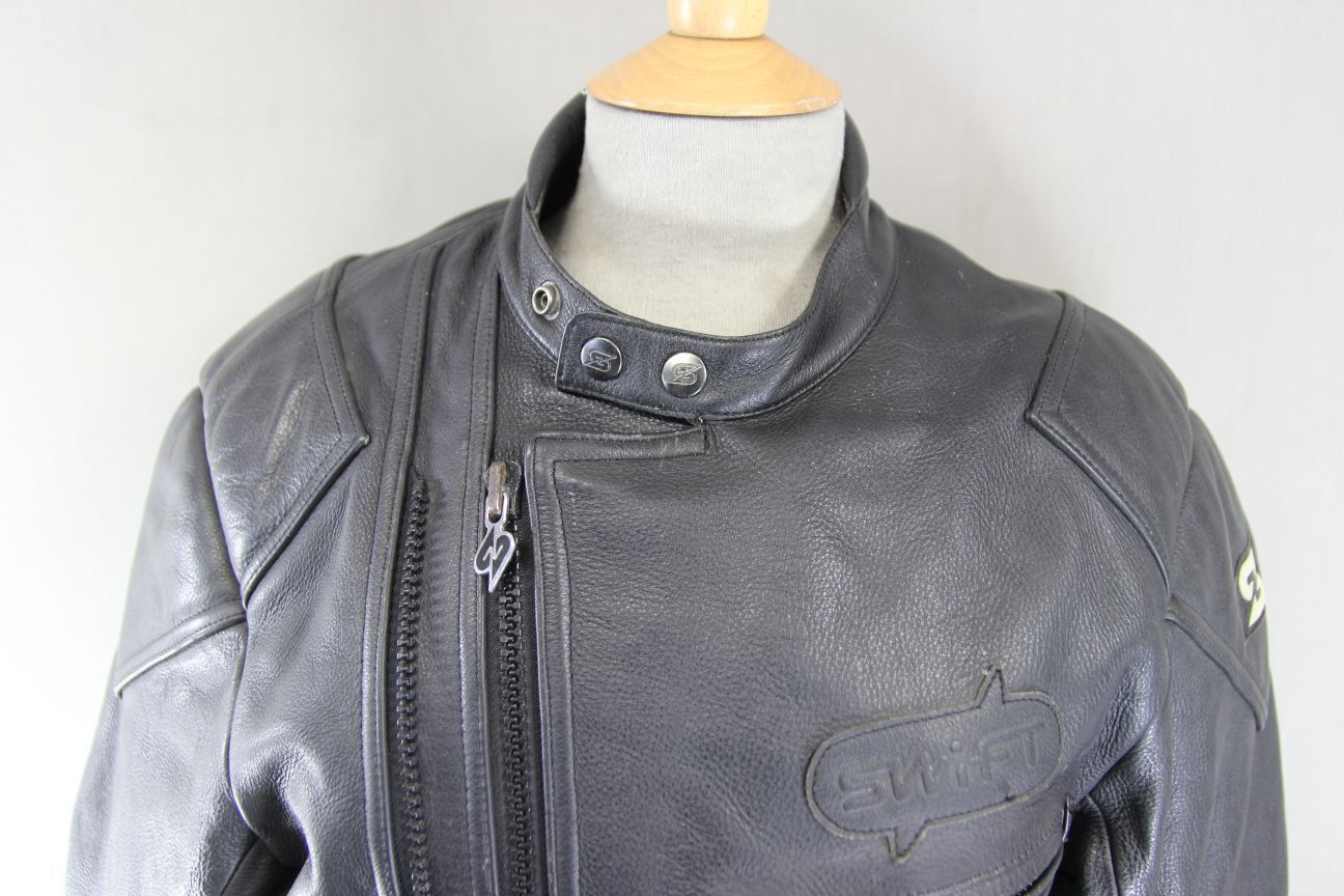 SWIFT INNOVATION BLACK LEATHER BIKER JACKET + BACK PROTECTOR/THERMAL LINING 38"