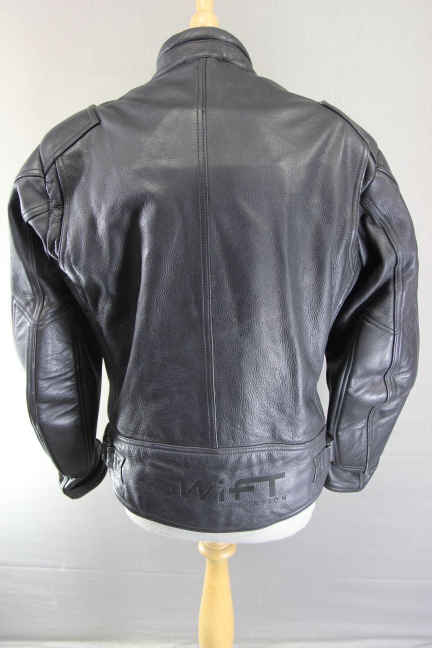SWIFT INNOVATION BLACK LEATHER BIKER JACKET + BACK PROTECTOR/THERMAL LINING 38"