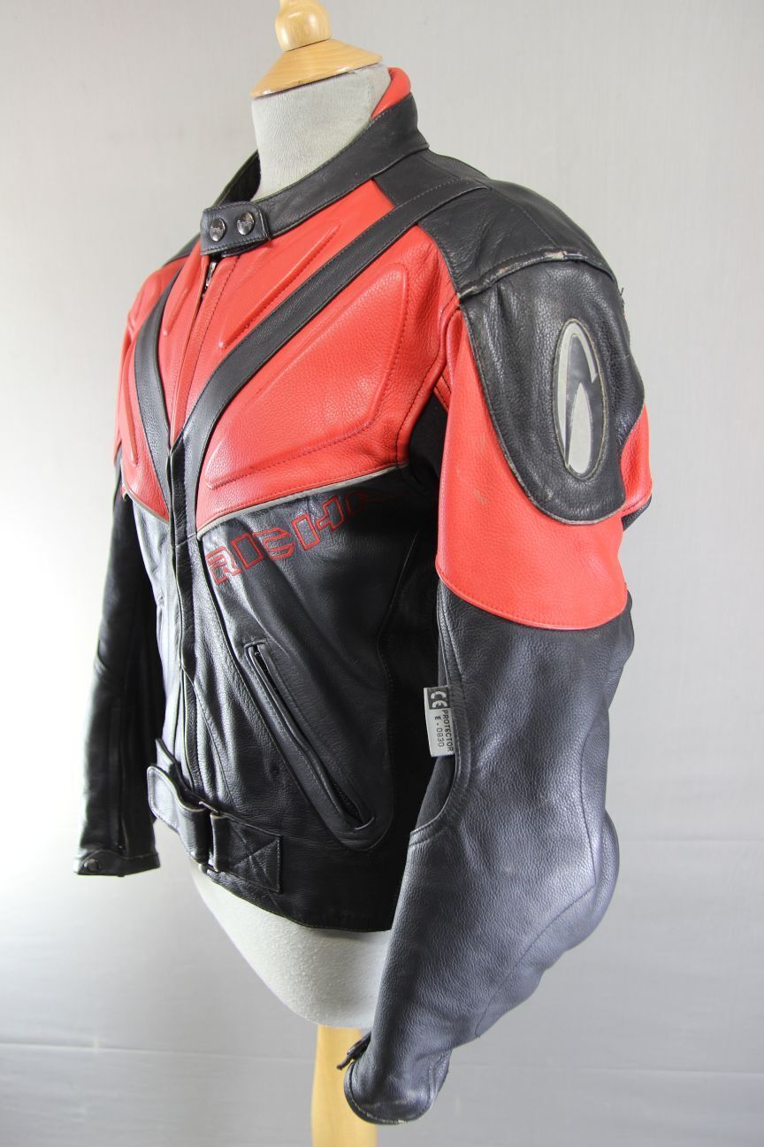 RICHA BLACK, RED & SILVER LEATHER BIKER JACKET WITH REMOVABLE CE ARMOUR: SIZE 14