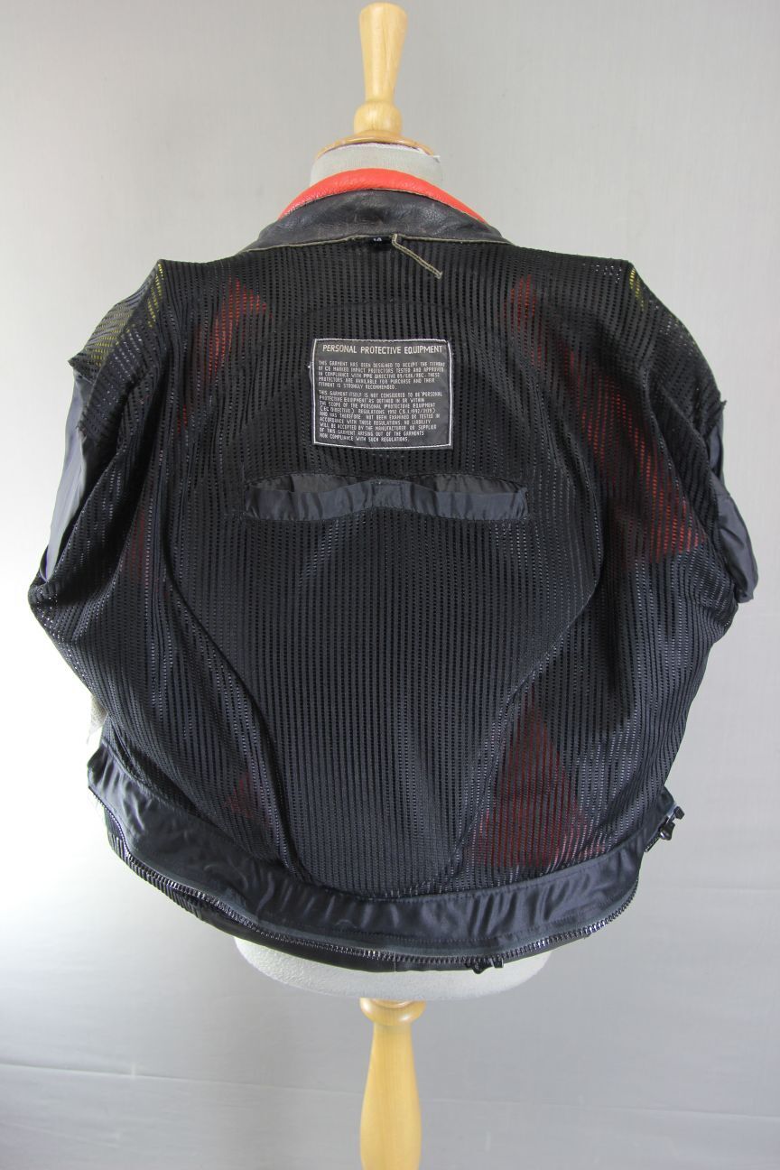 RICHA BLACK, RED & SILVER LEATHER BIKER JACKET WITH REMOVABLE CE ARMOUR: SIZE 14