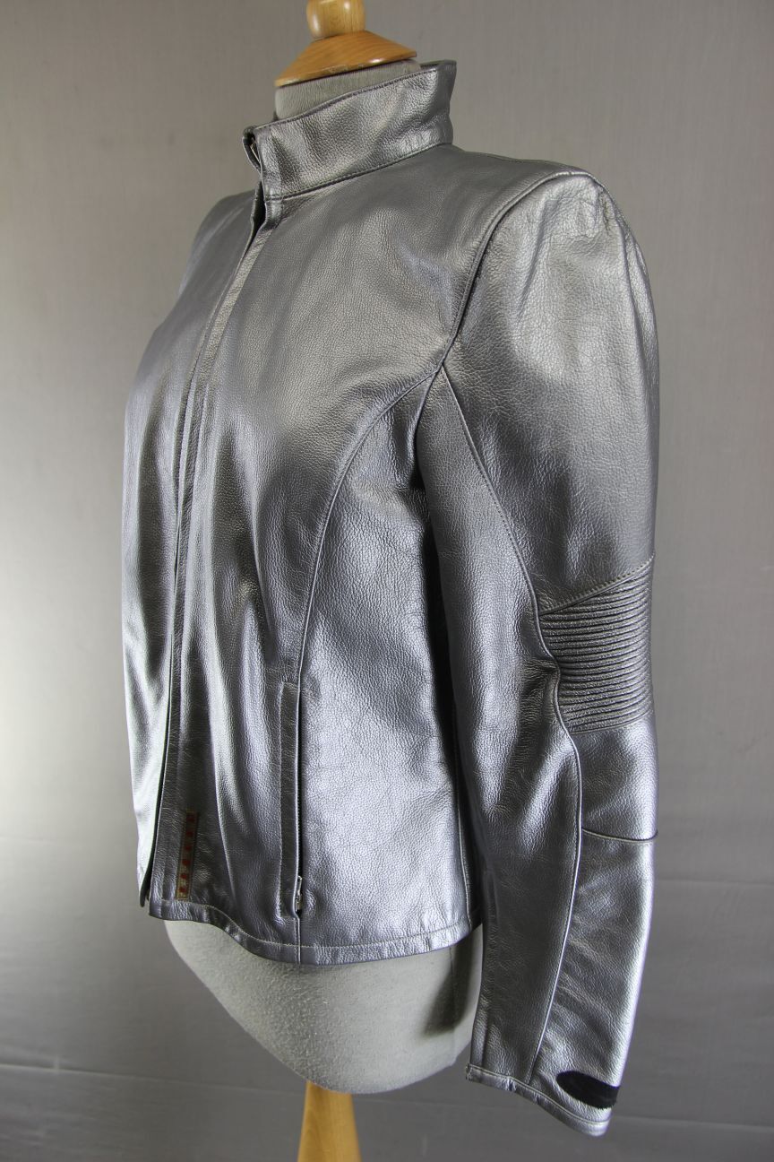 SUPERB CORNER SILVER LEATHER BIKER JACKET 34 INCH