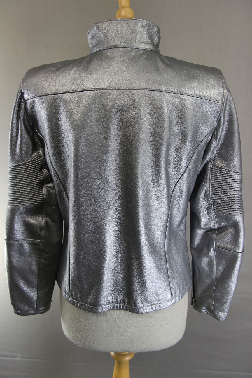 SUPERB CORNER SILVER LEATHER BIKER JACKET 34 INCH
