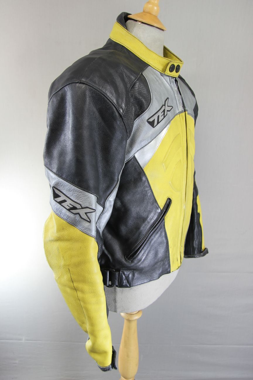 TEXPORT BLACK, YELLOW & SILVER LEATHER BIKER JACKET + ARMOUR/THERMAL LINING 42IN