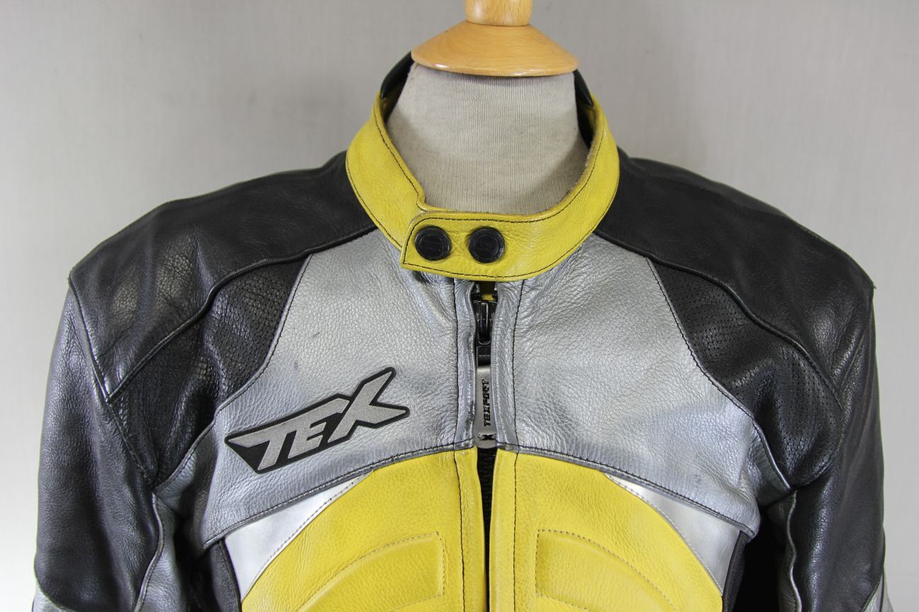 TEXPORT BLACK, YELLOW & SILVER LEATHER BIKER JACKET + ARMOUR/THERMAL LINING 42IN