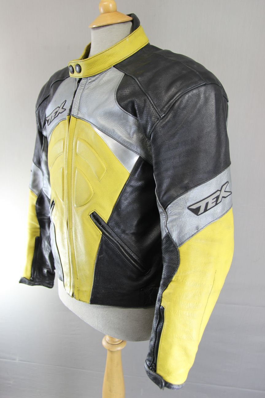 TEXPORT BLACK, YELLOW & SILVER LEATHER BIKER JACKET + ARMOUR/THERMAL LINING 42IN