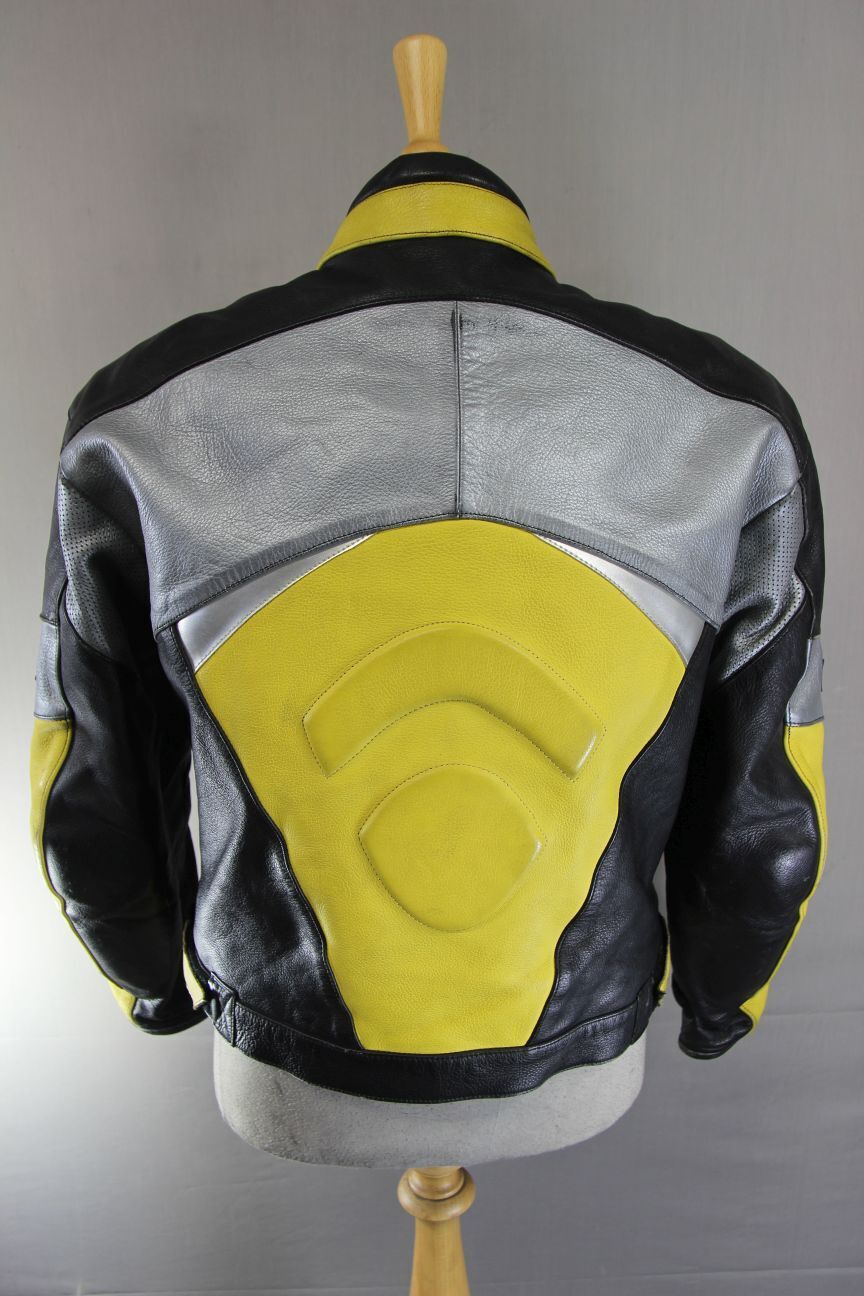 TEXPORT BLACK, YELLOW & SILVER LEATHER BIKER JACKET + ARMOUR/THERMAL LINING 42IN