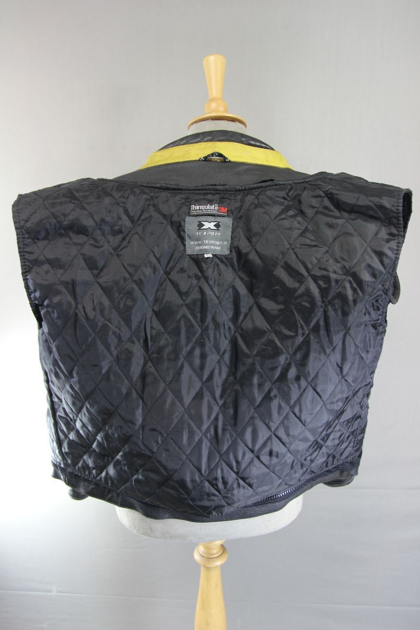 TEXPORT BLACK, YELLOW & SILVER LEATHER BIKER JACKET + ARMOUR/THERMAL LINING 42IN