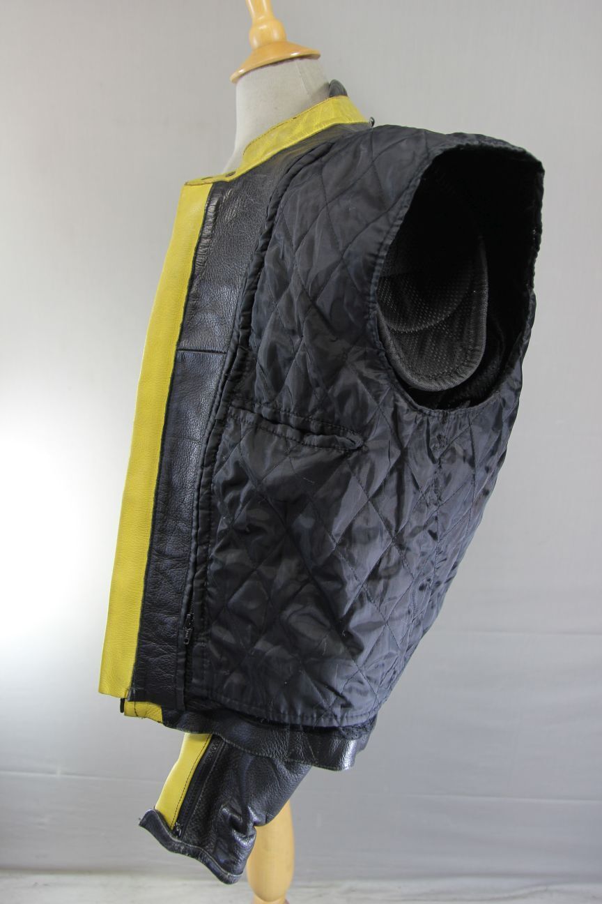 TEXPORT BLACK, YELLOW & SILVER LEATHER BIKER JACKET + ARMOUR/THERMAL LINING 42IN