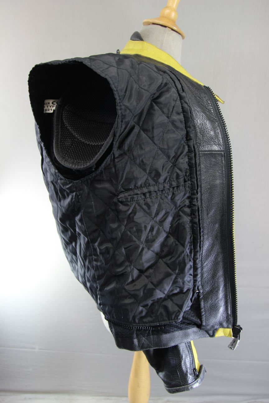 TEXPORT BLACK, YELLOW & SILVER LEATHER BIKER JACKET + ARMOUR/THERMAL LINING 42IN