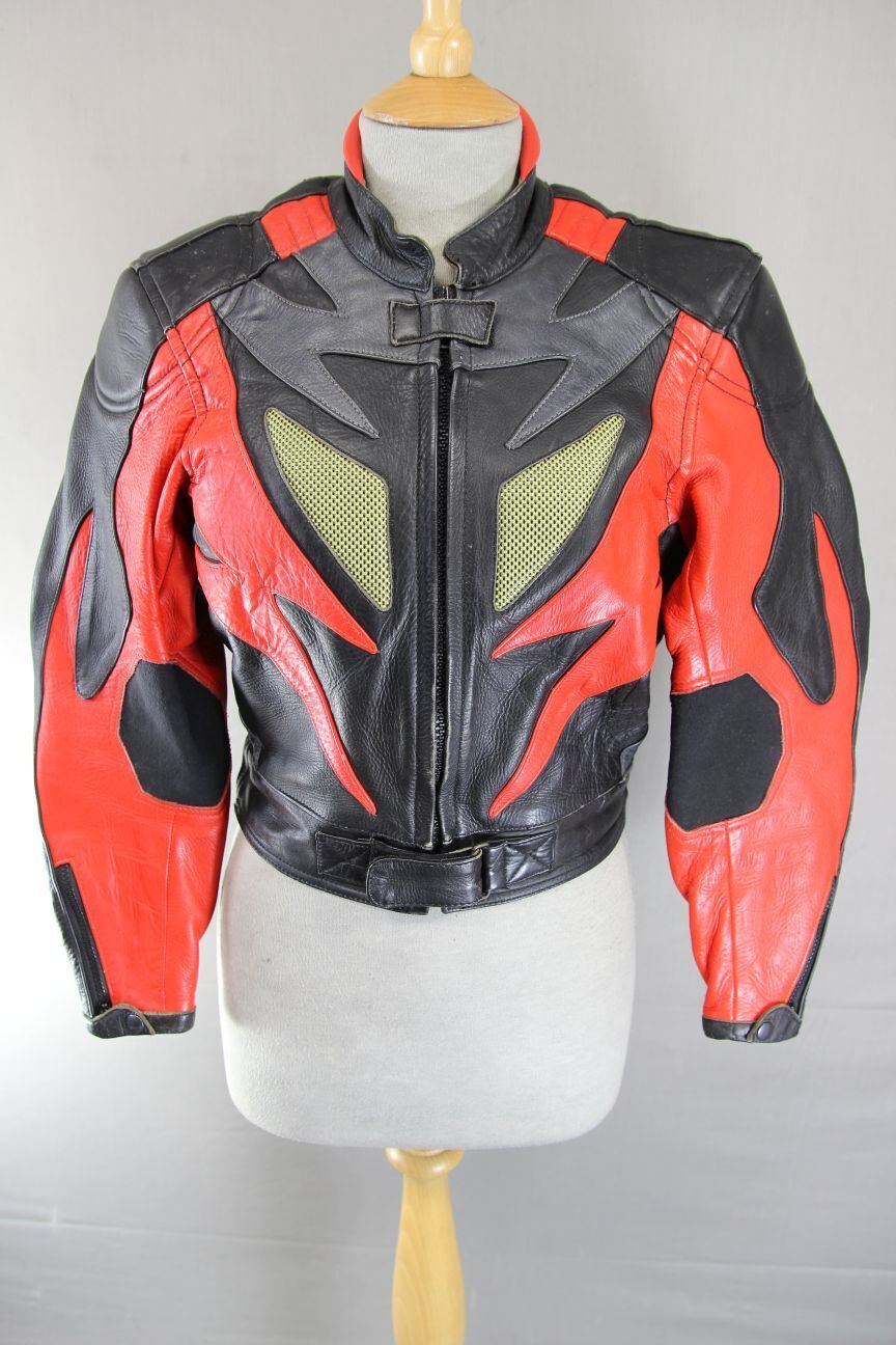 CLASSIC J&S BLACK, RED & SILVER LEATHER REFLECTIVE BIKER JACKET: SIZE 12