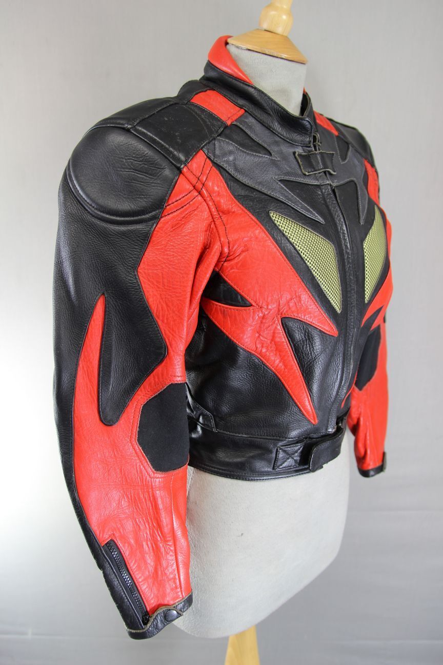 CLASSIC J&S BLACK, RED & SILVER LEATHER REFLECTIVE BIKER JACKET: SIZE 12