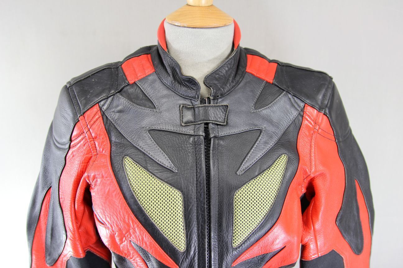 CLASSIC J&S BLACK, RED & SILVER LEATHER REFLECTIVE BIKER JACKET: SIZE 12