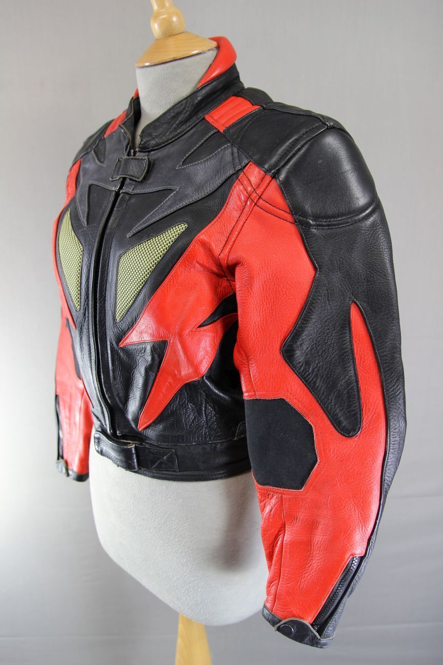 CLASSIC J&S BLACK, RED & SILVER LEATHER REFLECTIVE BIKER JACKET: SIZE 12