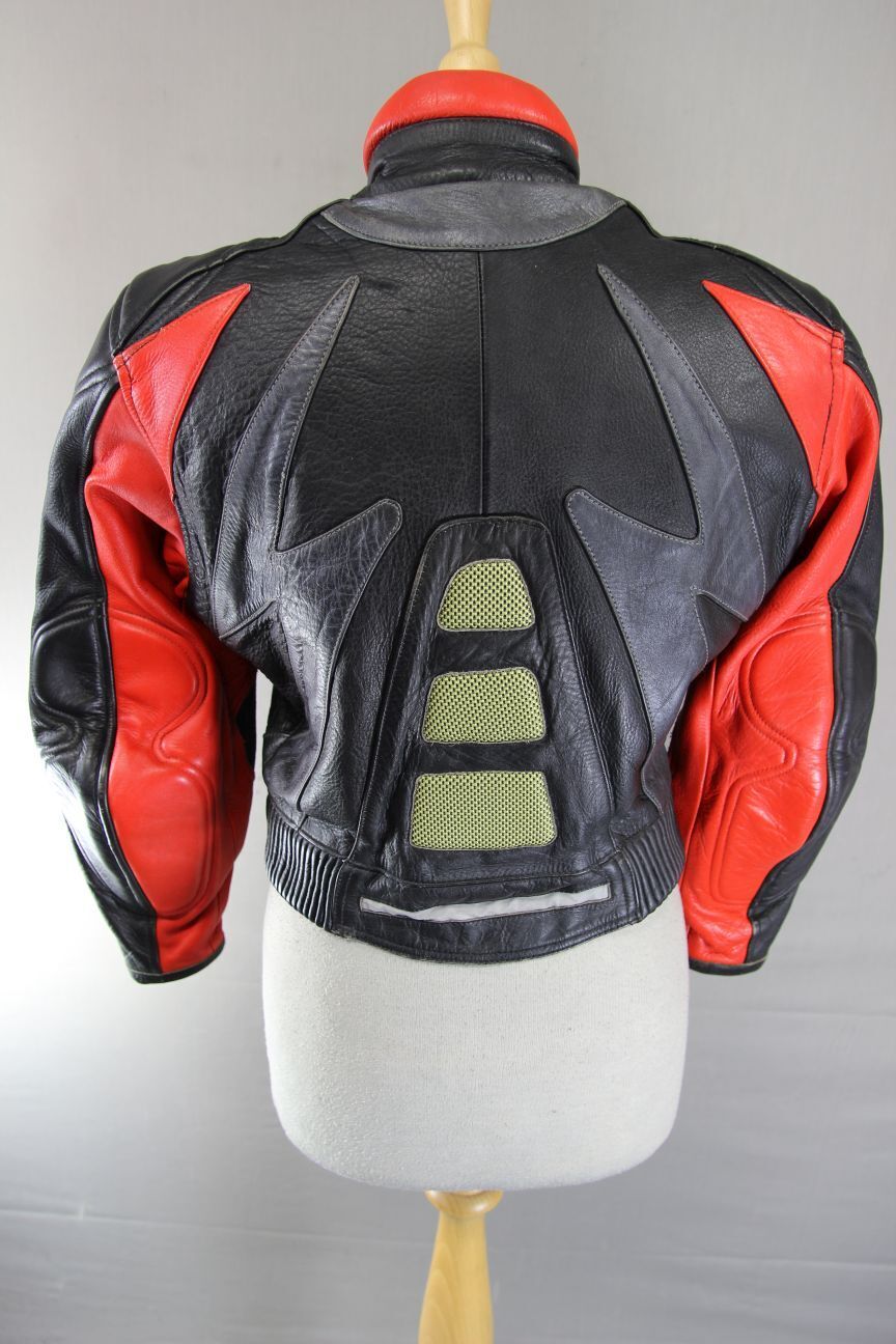 CLASSIC J&S BLACK, RED & SILVER LEATHER REFLECTIVE BIKER JACKET: SIZE 12