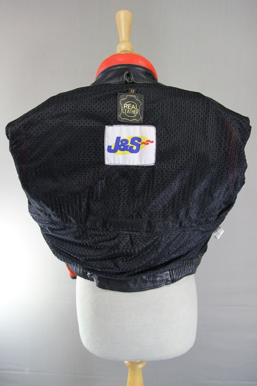 CLASSIC J&S BLACK, RED & SILVER LEATHER REFLECTIVE BIKER JACKET: SIZE 12