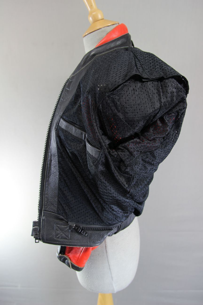 CLASSIC J&S BLACK, RED & SILVER LEATHER REFLECTIVE BIKER JACKET: SIZE 12