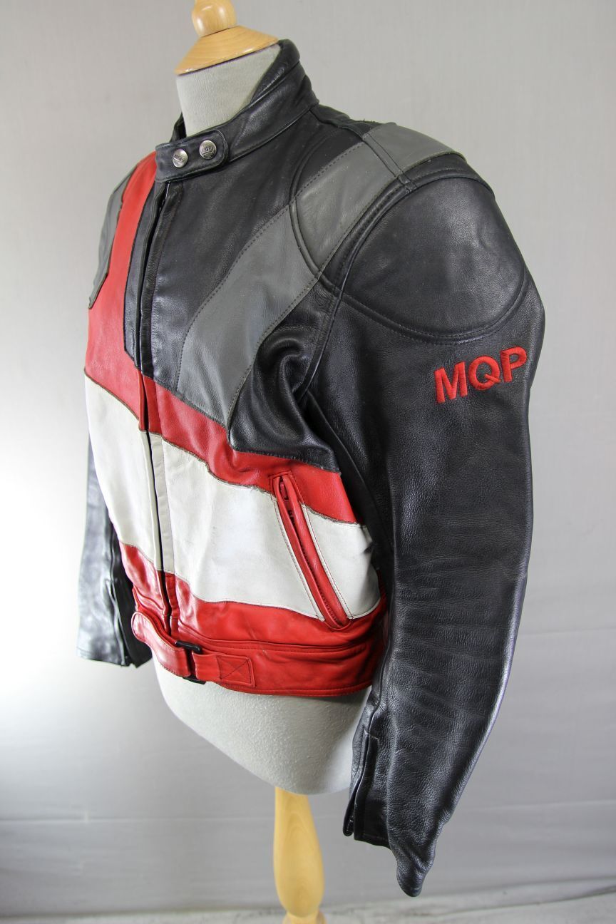 MQP BLACK, RED, WHITE & GREY LEATHER BIKER JACKET + BACK PROTECTOR: 42-44"/LARGE