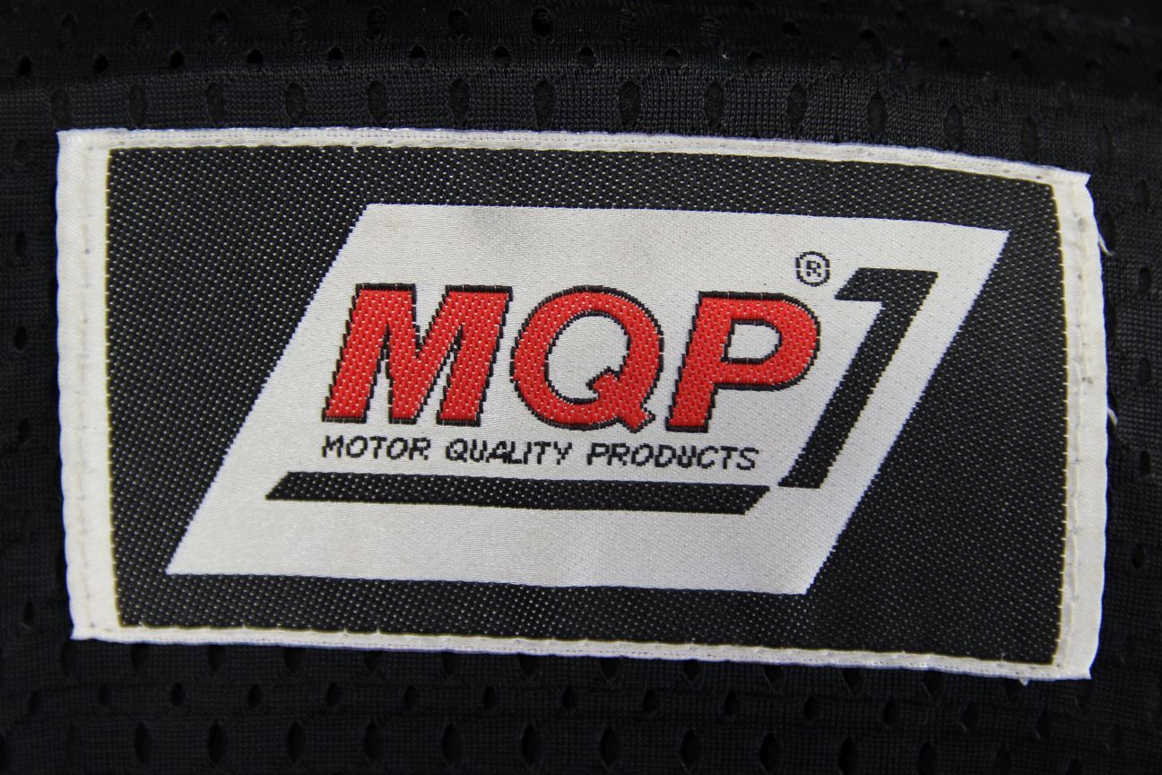 MQP BLACK, RED, WHITE & GREY LEATHER BIKER JACKET + BACK PROTECTOR: 42-44"/LARGE