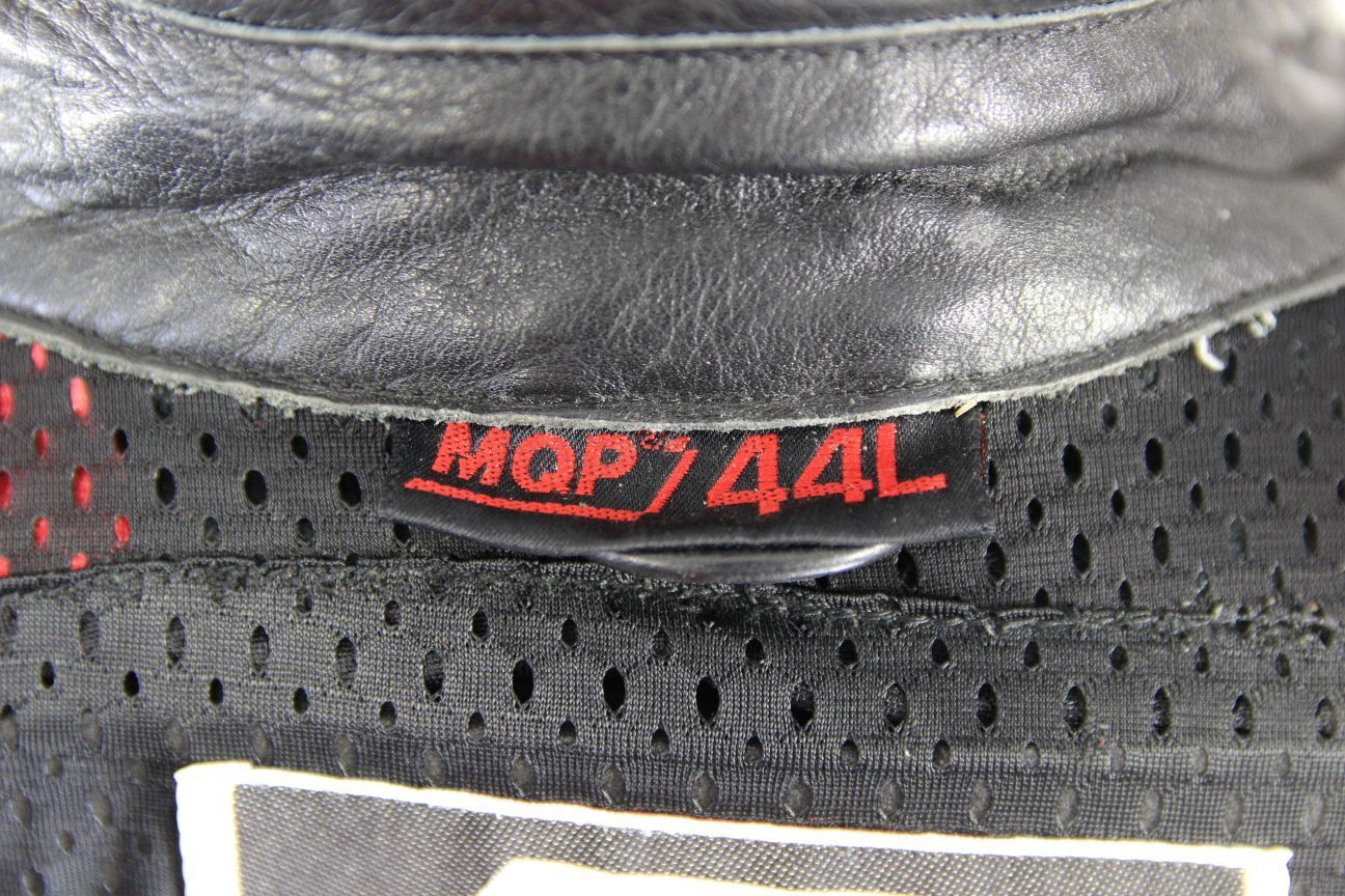 MQP BLACK, RED, WHITE & GREY LEATHER BIKER JACKET + BACK PROTECTOR: 42-44"/LARGE