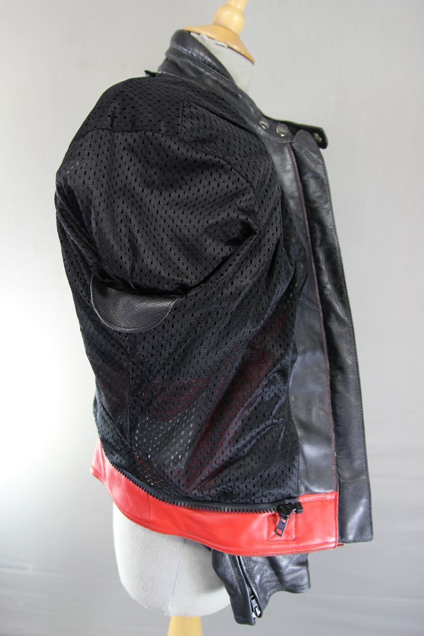 MQP BLACK, RED, WHITE & GREY LEATHER BIKER JACKET + BACK PROTECTOR: 42-44"/LARGE