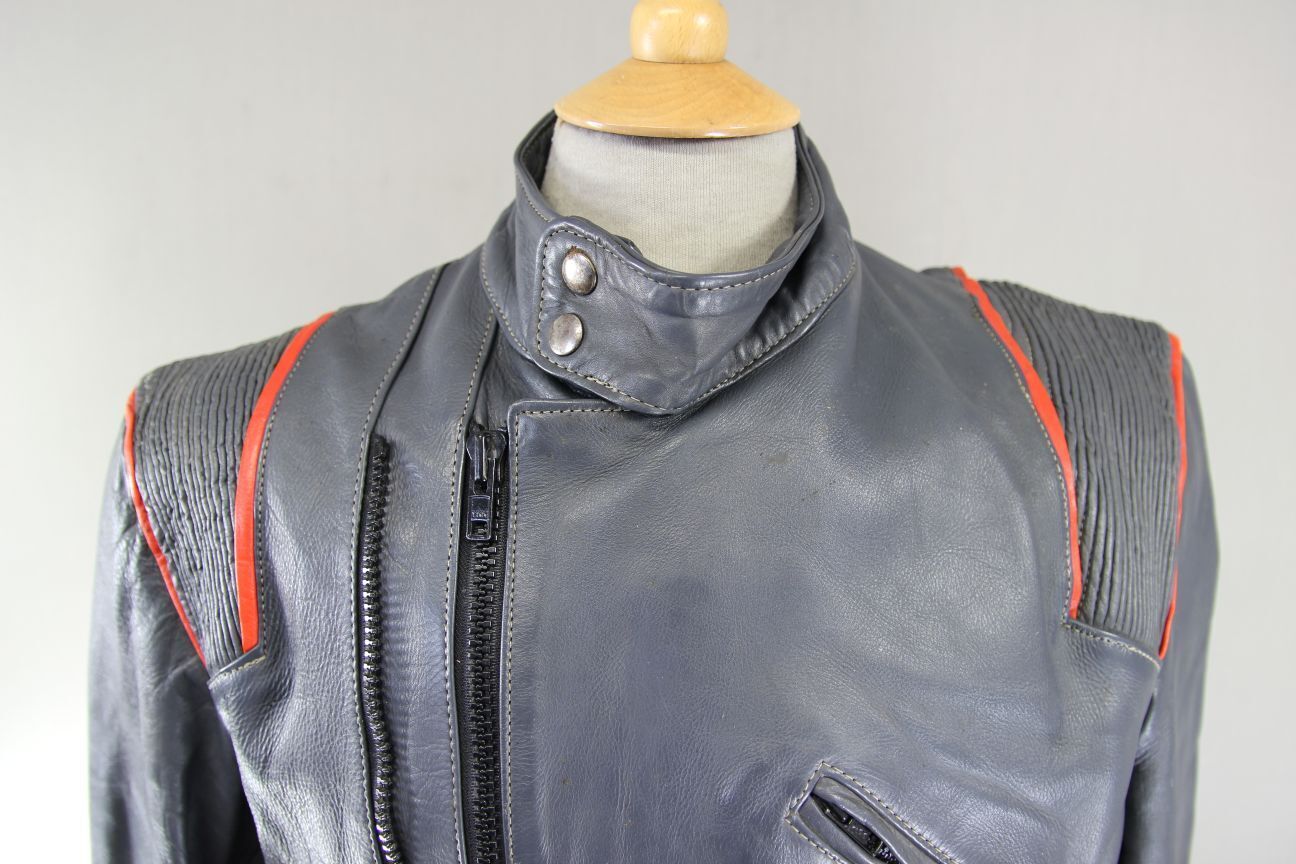 VINTAGE KETT GREY & RED COWHIDE LEATHER BIKER JACKET 42-44 INCH