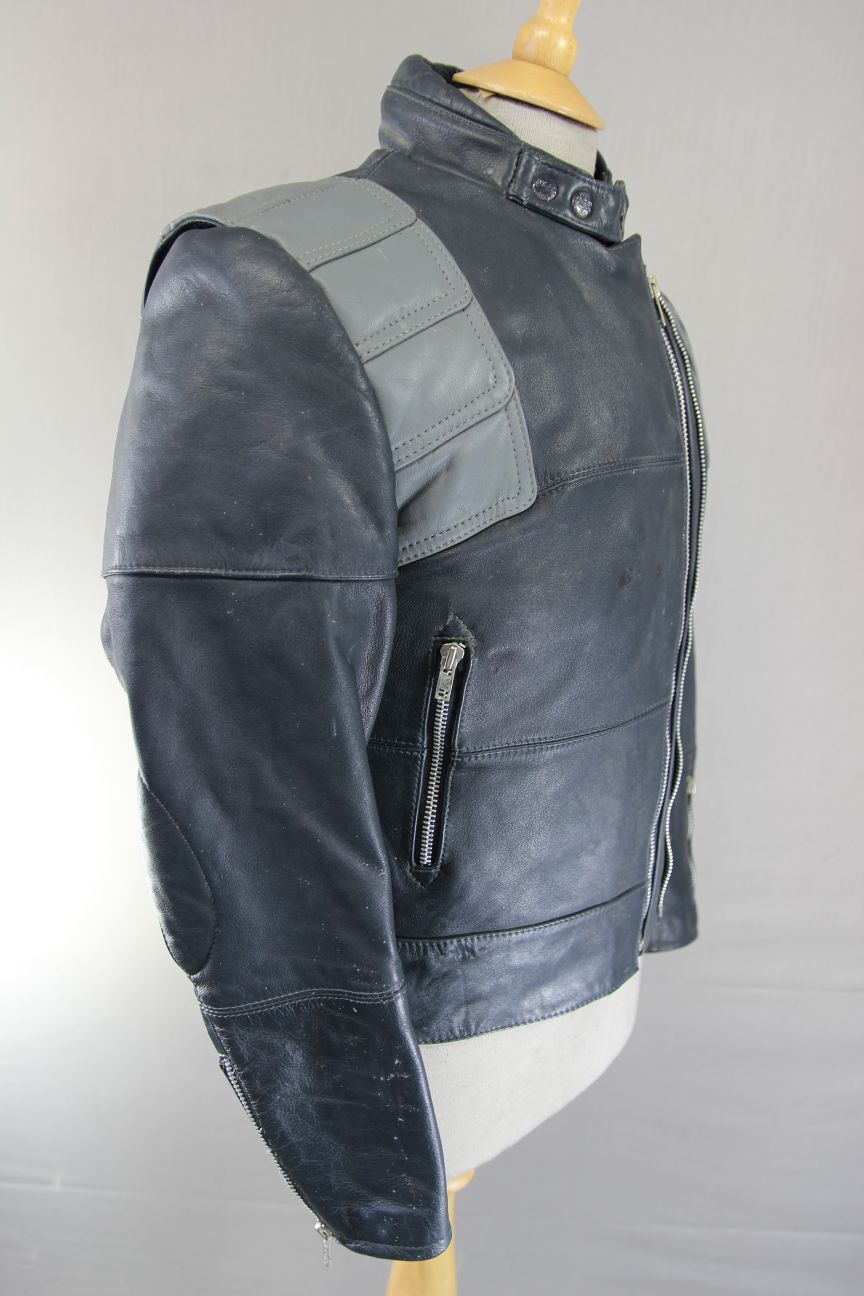 CLASSIC VINTAGE 1980's DARK & LIGHT GREY MQP LEATHER BIKER JACKET 34 INCH