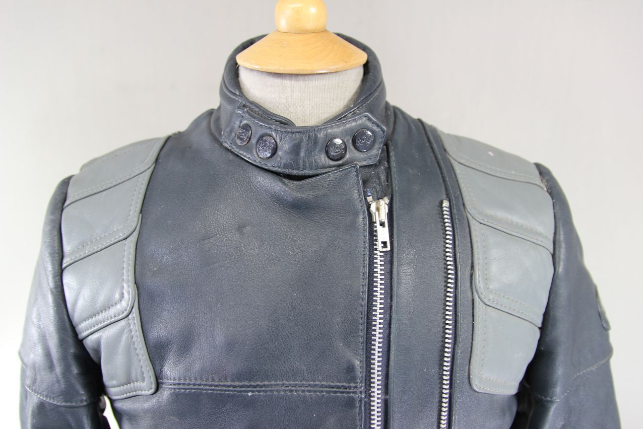 CLASSIC VINTAGE 1980's DARK & LIGHT GREY MQP LEATHER BIKER JACKET 34 INCH