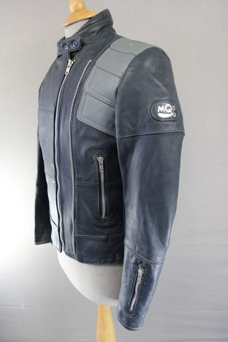 CLASSIC VINTAGE 1980's DARK & LIGHT GREY MQP LEATHER BIKER JACKET 34 INCH
