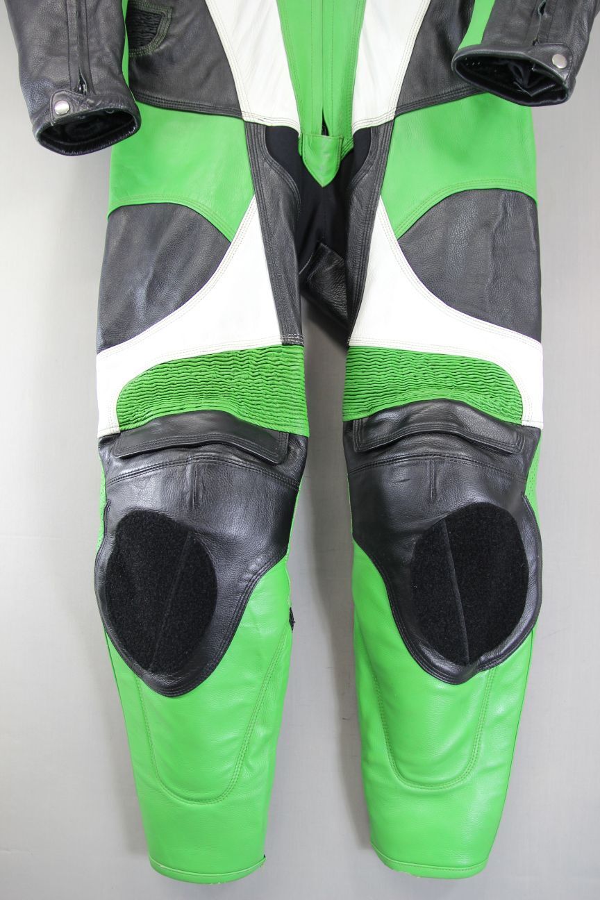 GPL 1 PIECE GREEN, BLACK & WHITE LEATHER BIKER SUIT + ARMOUR/THERMAL LINING 40IN
