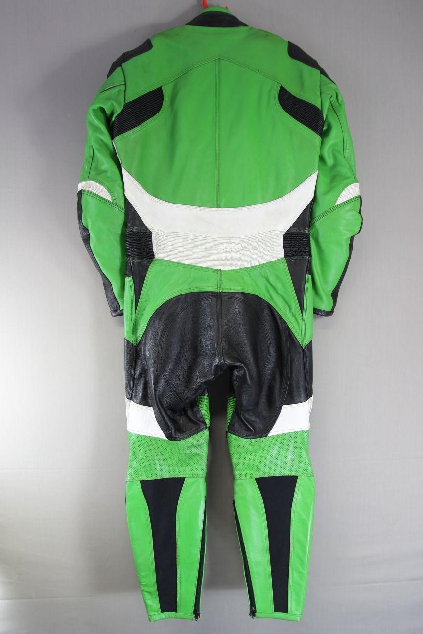 GPL 1 PIECE GREEN, BLACK & WHITE LEATHER BIKER SUIT + ARMOUR/THERMAL LINING 40IN