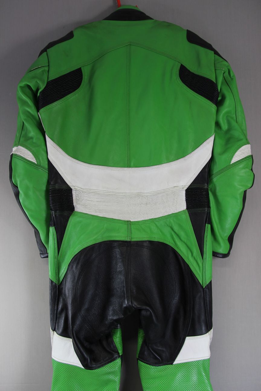 GPL 1 PIECE GREEN, BLACK & WHITE LEATHER BIKER SUIT + ARMOUR/THERMAL LINING 40IN