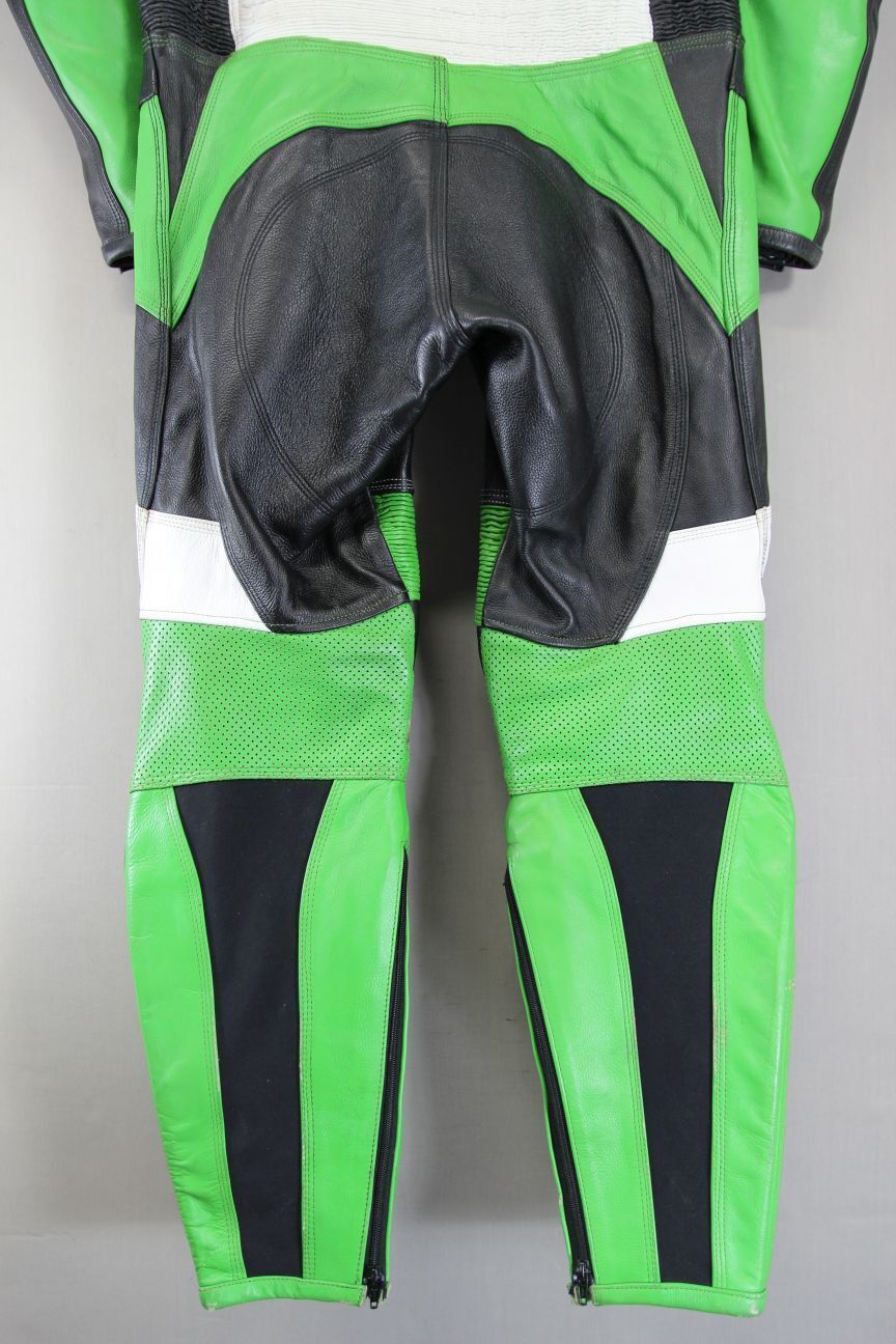 GPL 1 PIECE GREEN, BLACK & WHITE LEATHER BIKER SUIT + ARMOUR/THERMAL LINING 40IN