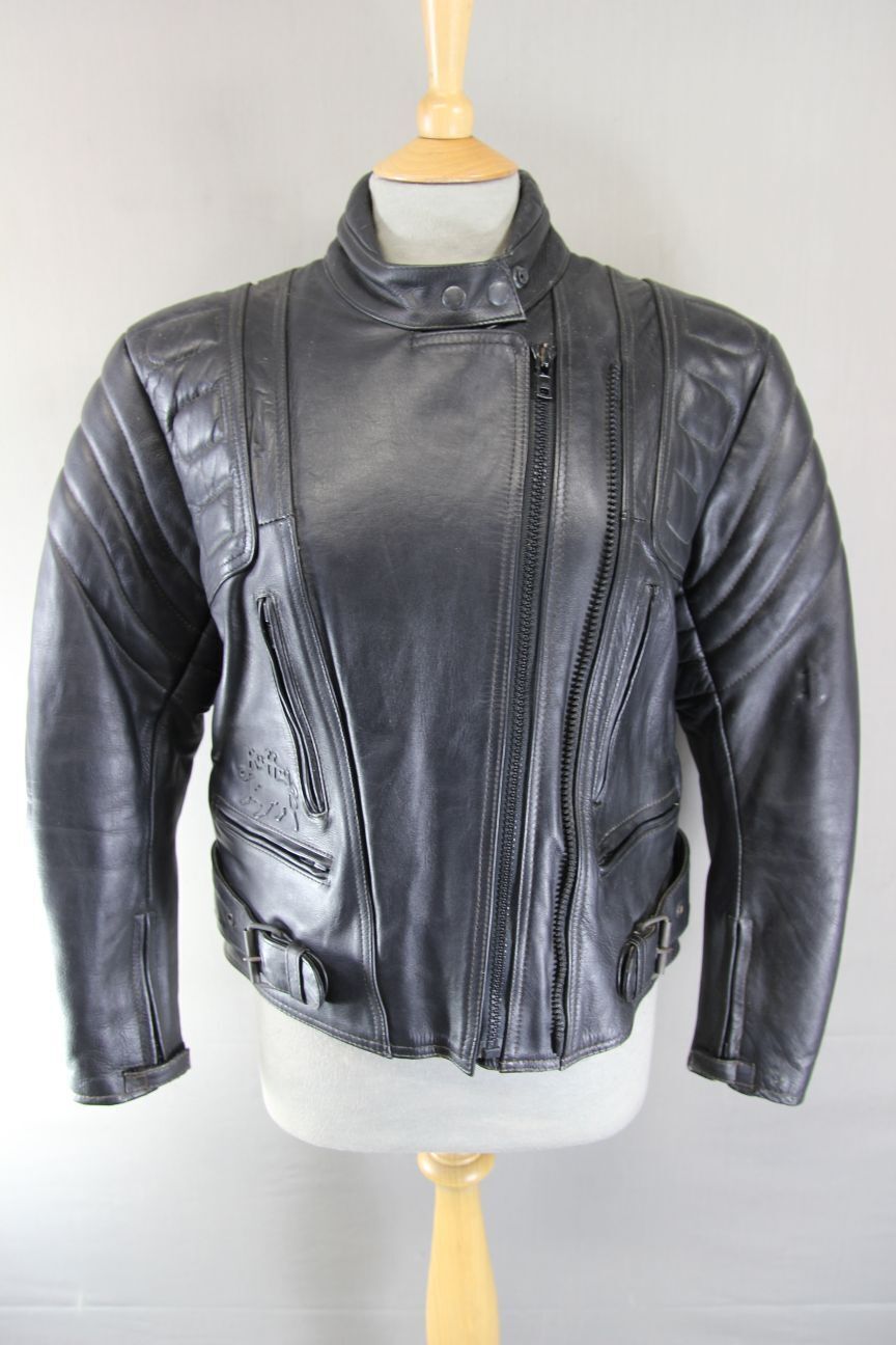 BUFFALO BLACK LEATHER BIKER JACKET WITH BACK PROTECTOR 34-36 INCH CHEST/SIZE 12