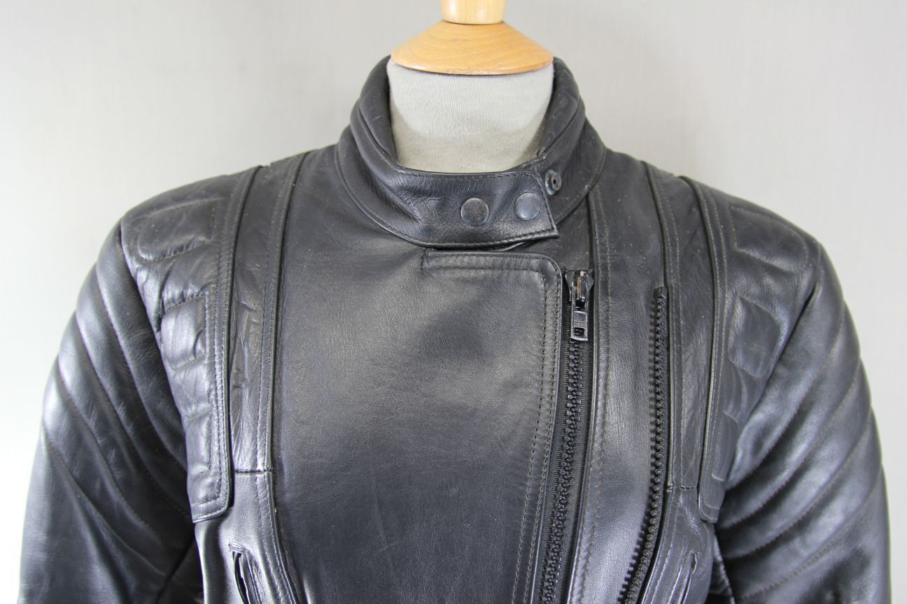 BUFFALO BLACK LEATHER BIKER JACKET WITH BACK PROTECTOR 34-36 INCH CHEST/SIZE 12